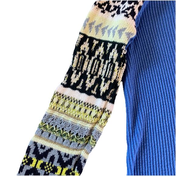 Free People Blue Bell Combo Sweater Women’s XS Ribbed Blue Fair Isle Mock Neck - Picture 7 of 14